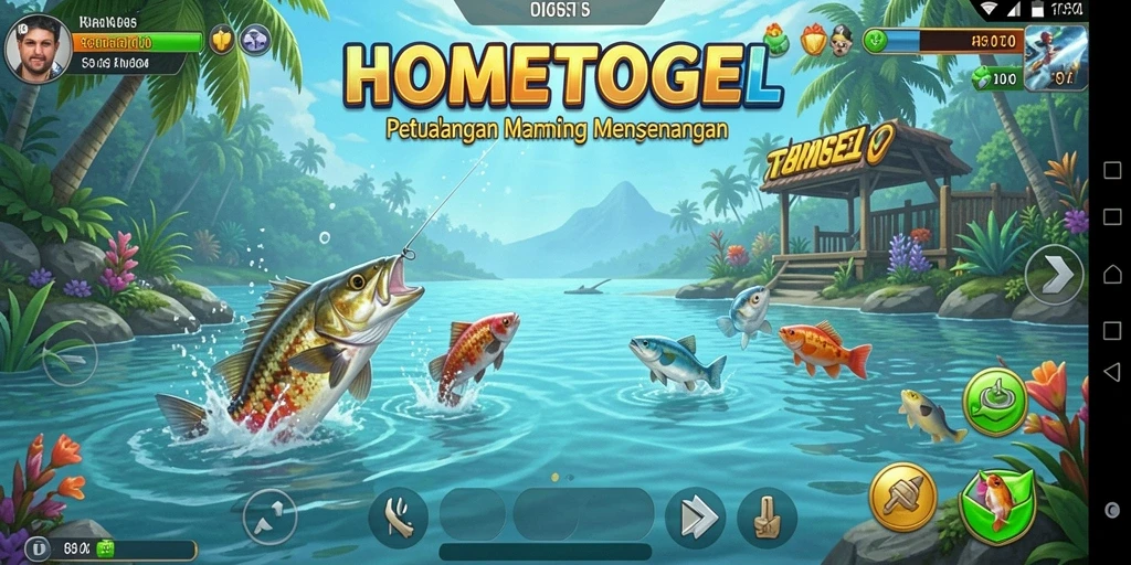 Screenshot utama HOMETOGEL menampilkan aksi memancing yang seru dan lokasi yang indah.