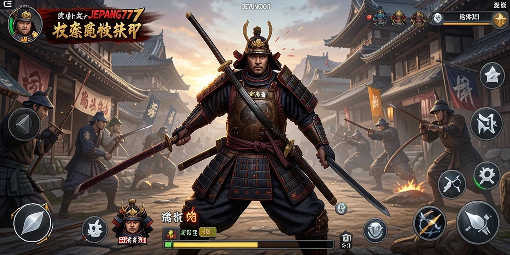 Tampilan gameplay mendebarkan di JEPANG77 dengan karakter samurai.