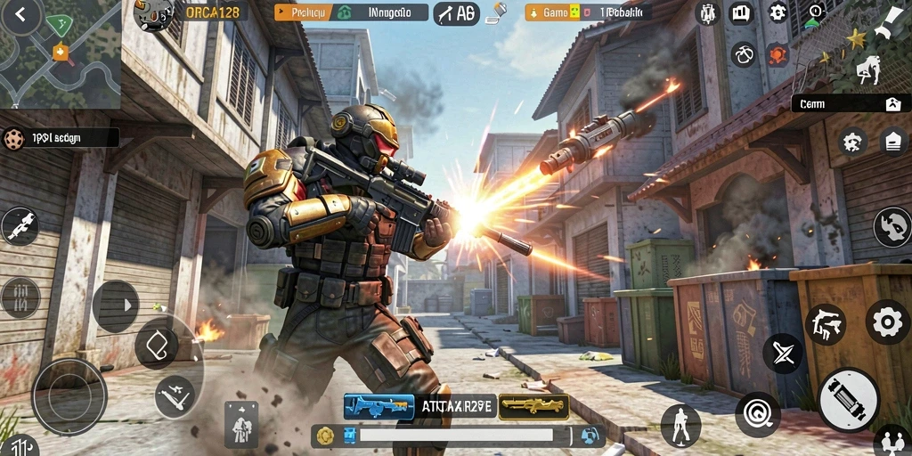 Tampilan gameplay seru dari ORCA128 dengan aksi tembak-menembak.
