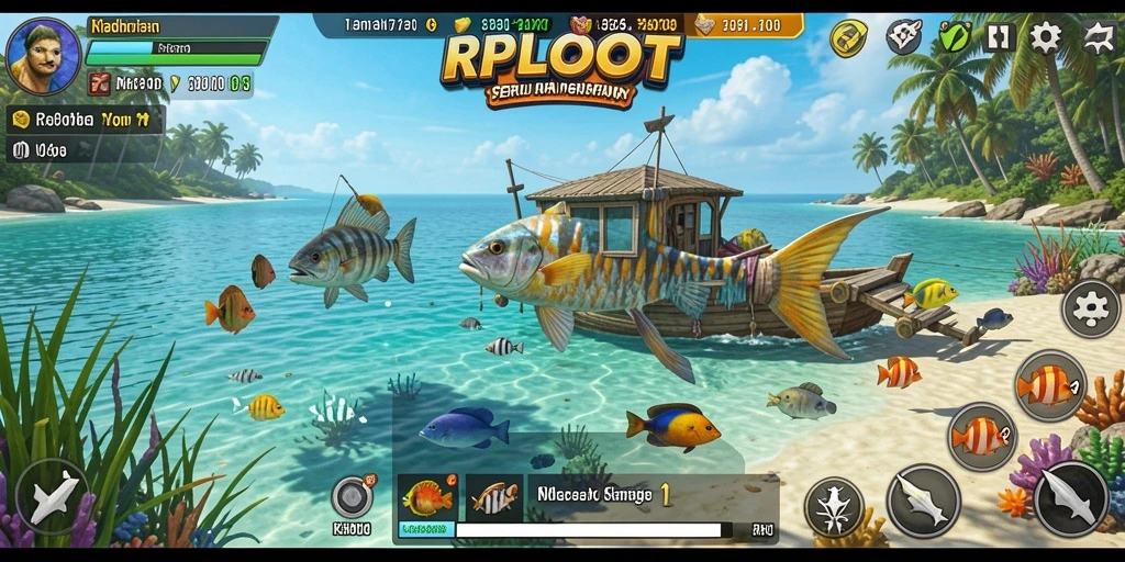 Screenshot utama RPLOOT menampilkan pemain menangkap ikan besar di tepi danau.